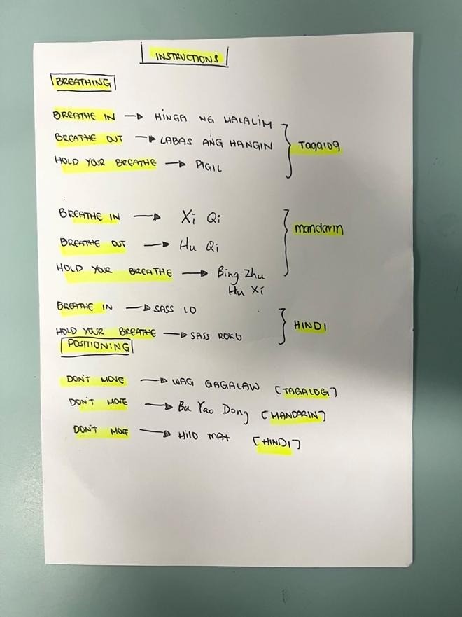 Translation notes for radiographic positioning instructions in Tagalog, Mandarin and Hindi