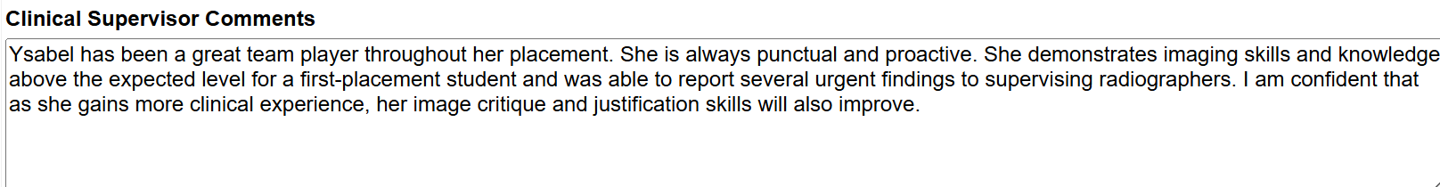 Supervisor feedback: She played a great role as part of the team